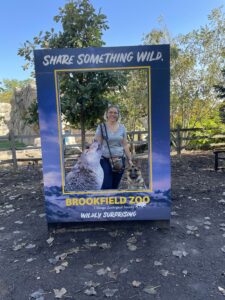 Person posing behind a 'Share Something Wild' frame at Brookfield Zoo.