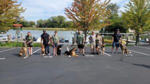 Group of people with dogs on a paved area near a lake and trees.